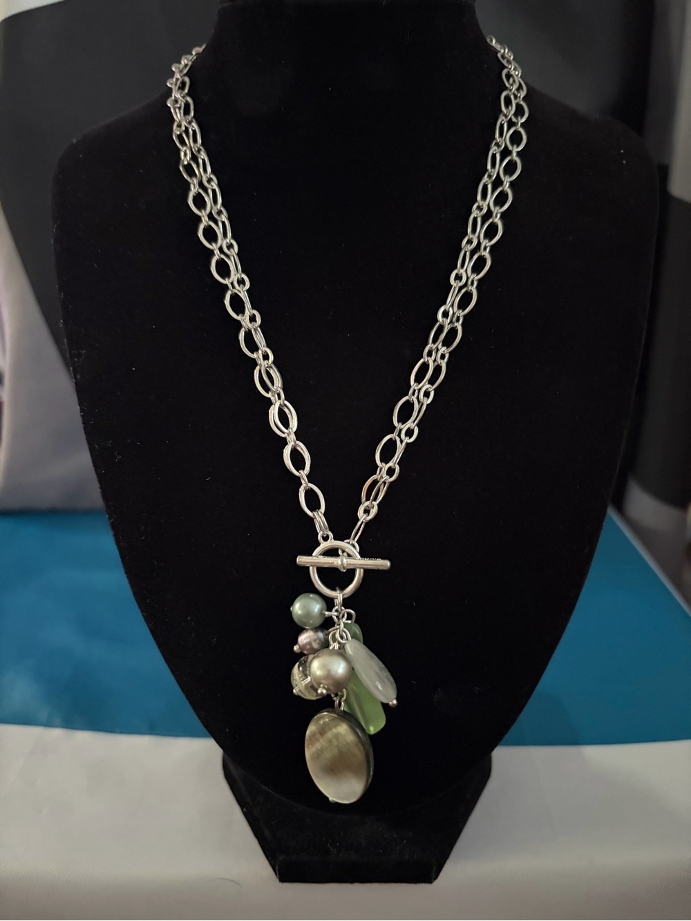Silver Chain Necklace with Green and Pearl Charm Pendant